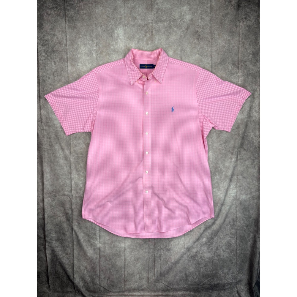 Ralph Lauren Mens Large Pink Gingham Short Sleeve Button Down Shirt Cotton
